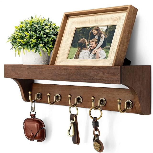 Rebee Vision Farmhouse Key Holder for Wall - Decorative Wooden Mail Organizer with 5 Rustic Key Hooks and Floating Shelf for Home Decor, Hallway, Entryway, Appartment ( Retro Brown )