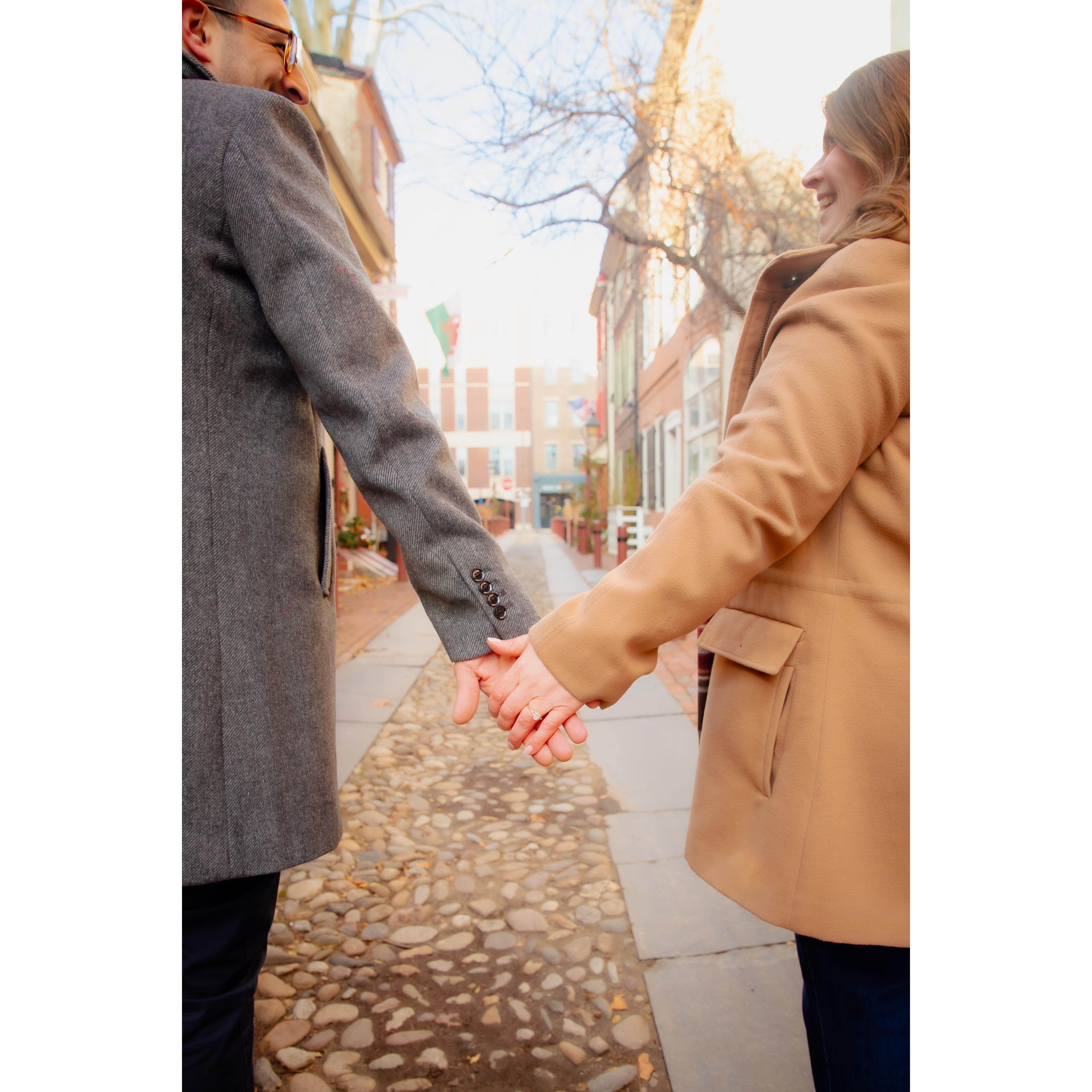 Engagement photos at Elfreth's Alley in Old City Philly 12.21.24