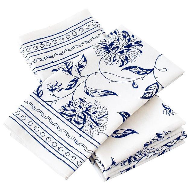Blue & Off White Table Cloth Napkins (100% Cotton, Floral Hand Block Print, 20X20 inch, Pack of 6) Properly Finished, No Fray Edges | for Home, Kitchen, Dining Room, Holiday
