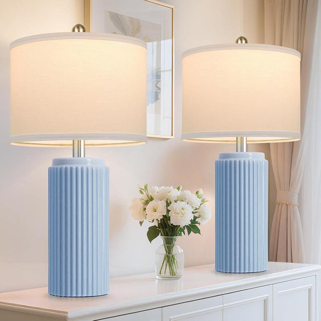 23.5’’ Sky Blue Farmhouse Table Lamps for Living Room Set of 2, Modern Elegant Ceramic Bedside Nightstand Lamps with White Linen Shade for Bedroom, Coastal Lamps Set for Study Home Office