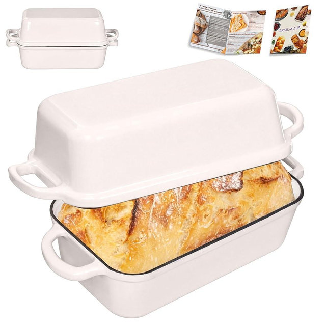 GRMlmosa Cast Iron Bread Loaf Pan with Lid, Loaf Pans for Baking Bread 9x5 Inch, Bread Baking Pan for Homemade Bread, Sourdough with Golden Crispy Crust, Cream
