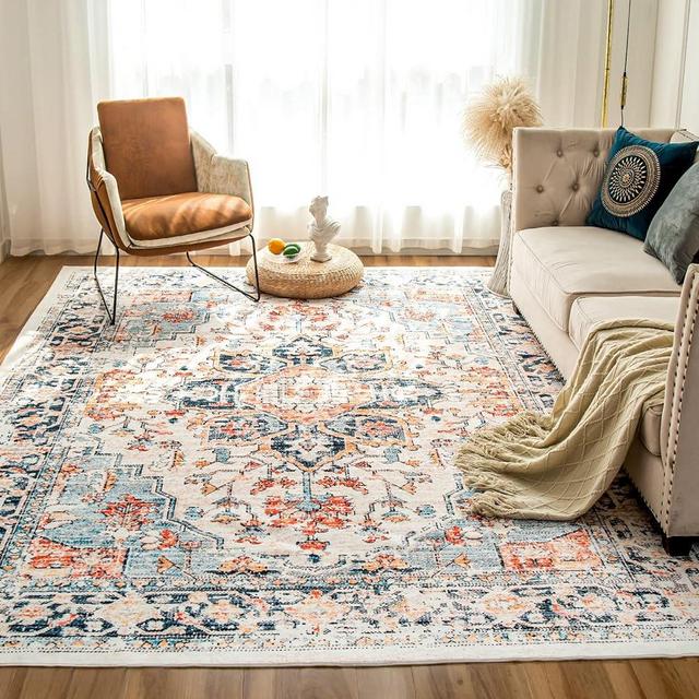VK VK·LIVING Machine Washable Rug 6'x9' Vintage Design Washable Area Rugs with Non Slip Rugs for Living Room Bedroom Traditional Woven Rug Carpet Stain Resistant, Home Decor Office Boho Rug, Blue