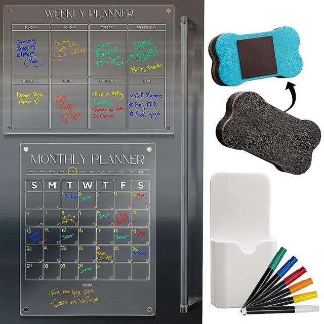 ETHERY | Acrylic Magnetic Calendar for Fridge - Bundle Pack 2 Boards - Monthly Calendar and Weekly Calendar Dry Erase Board- 14”x18” and 16”x12”- 6 Bright Colored Markers - Pen Holder Reusable Planner
