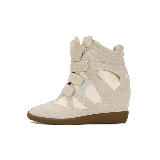 WJZDSJCO Wedge Sneakers for Women Heels Suede Hook and Loop High Heel Tennis Round Toe Triple Strappy Band Casual Vintage Fashion Dressy Comfy Campus Trendy Retro