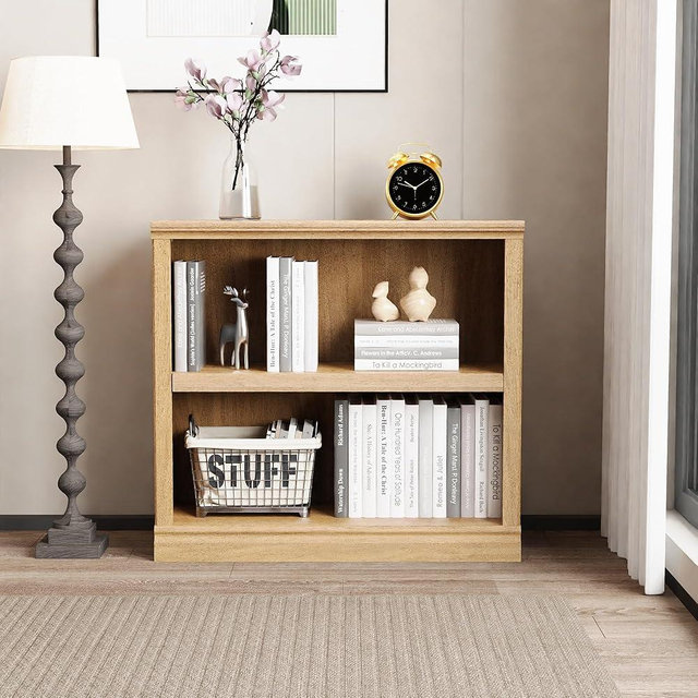 blini 2-Shelf Bookcase Wooden Bookshelves 33in Wide Floor Standing Display Storage Shelves Oak Bookcase for Home Office, Living Room, Bed Room