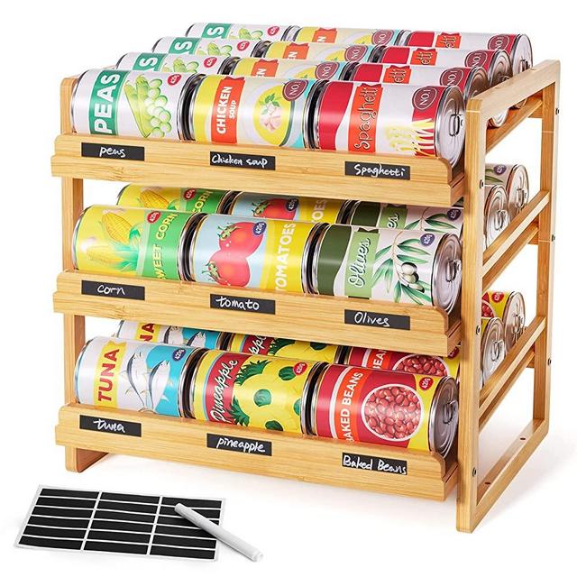 Yumkfoi Bamboo Can Rack Organizer, 3 Tier Stackable Can Storage Rack with Label Sticker and Marker Pen, Can Holder Storage Organizer for Kitchen Cabinet or Pantry (Natural Bamboo)