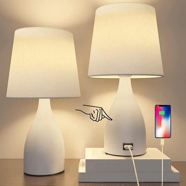 Set of 2 Touch Control Bedside Table Lamp, 3-Way Dimmable Bedroom Nightstand Lamp Sets with USB Port, Modern Touch Desk Lamp With Fabric Shade &Metal Base for Living Room Reading, 2 LED Bulbs Included
