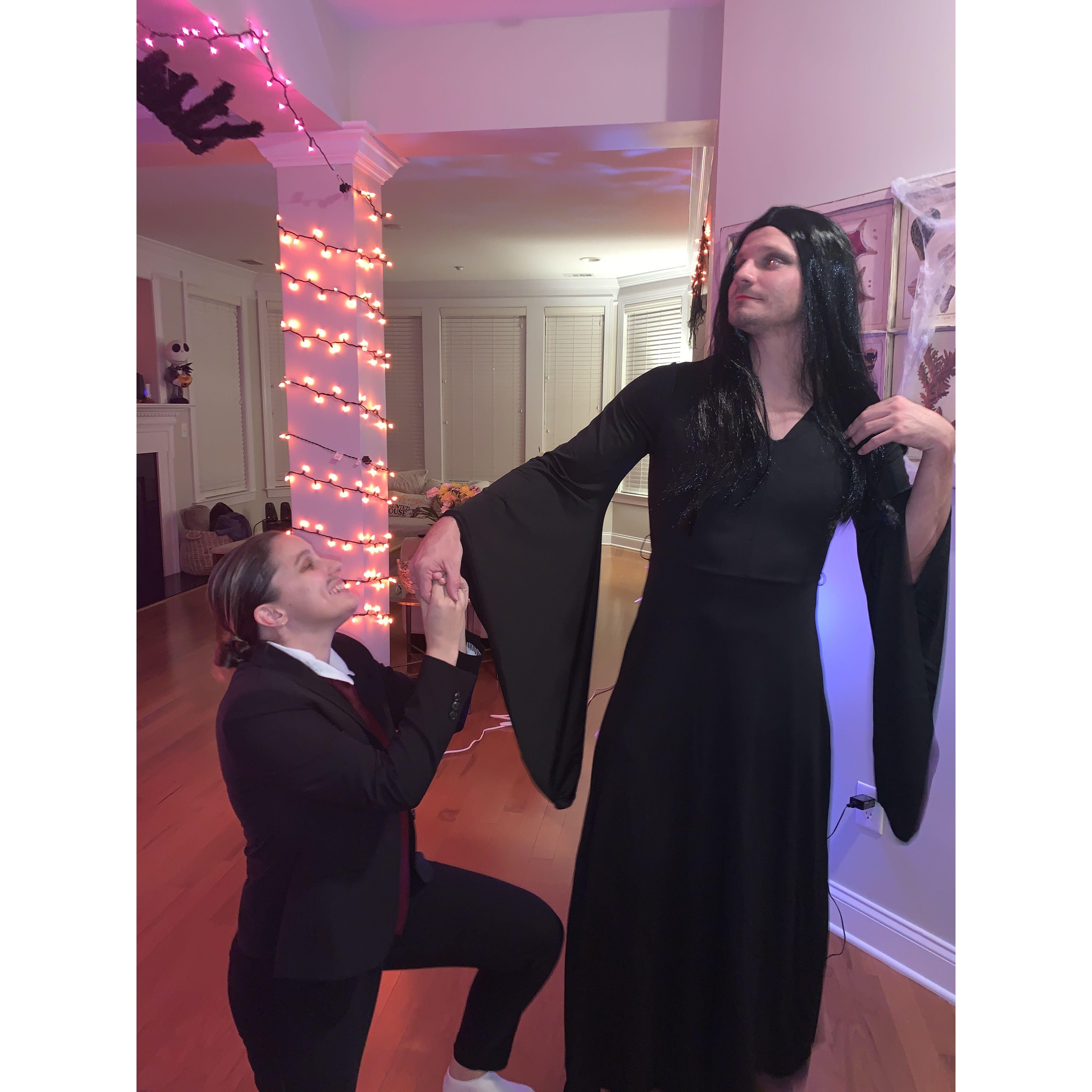 One of my favorite Halloween costumes of ours, Gomez and Morticia Addams!