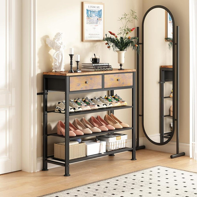 Kitstorack Shoe Rack, 4 Tier Shoe Organizer for 9-12 Pairs of Shoes, with 2 Drawers, 3 Fabric Shelves and Wooden Top, Shoe Rack for Closet Entryway, Rustic Brown