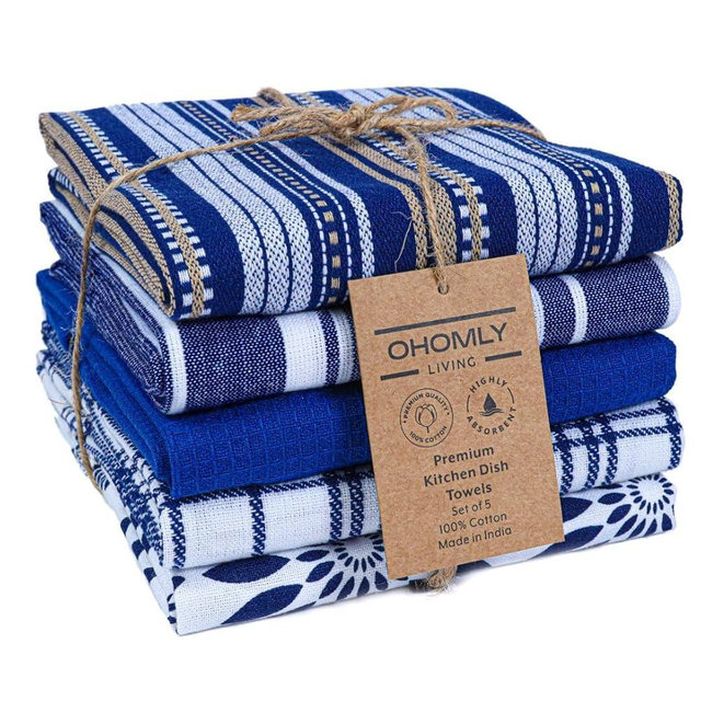 OHOMLY LIVING Assorted Kitchen Towels Set of 5-100% Cotton Dish Cloths Towels with Hanging Loop - Soft, Absorbent & Washable for Kitchen Use - Quick Drying Dish Towels 16x26 Inch Blue