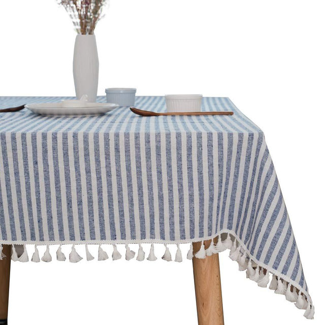 TruDelve Cotton Linen Table Cloth Stripe Tassel Rectangle Tablecloth Dust-Proof Table Cover for Kitchen Dinning Tabletop Decoration (Square, 55 x 55Inch, Blue)