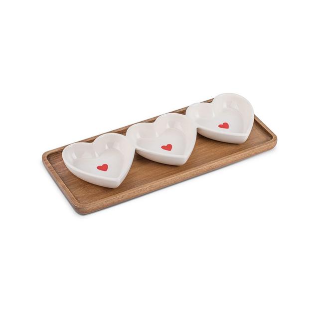 Thirstystone Three Heart Condiment Dish on Wooden Tray, Set of 4