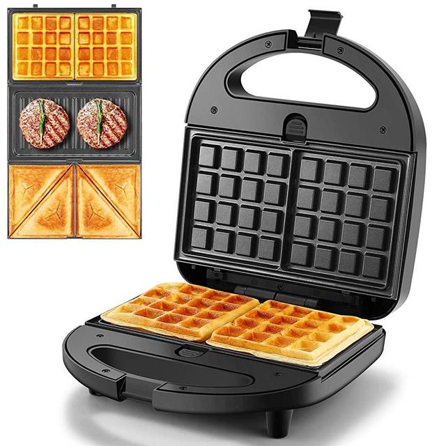 OSTBA 3 in 1 Sandwich Maker Panini Press Waffle Iron Set with 3 Removable Non-Stick Plates, 750W Toaster Perfect for Sandwiches Grilled Cheese Steak, Black