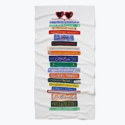 RIFLE PAPER CO. Book Club Beach Towel - Made from Super-Soft Velour Cotton, Illustrated Stack of Classic Titles, 64" L x 32" W, Machine-Washable and Durable Imported Beach Towel