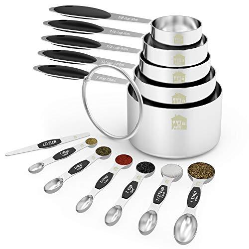 Wildone Measuring Cups and Measuring Spoons Set Stainless Steel Cups and Magnetic Measuring Spoons Set of 12, for Dry and Liquid Ingredients, Including 5 Nesting Cups, 6 Spoons and 1 Leveler