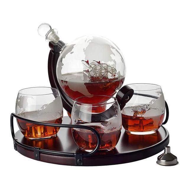 Whiskey Decanter Etched Globe Gift Set - 4 glasses with NEWEST Wood Stand and Handles - Perfect Gift Set for Liquor, Scotch, Bourbon, Vodka