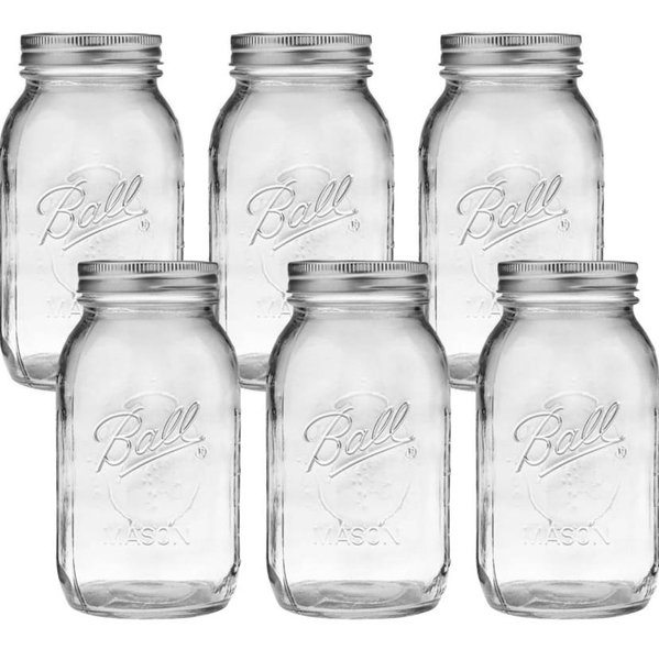 32 oz, Regular - Ball Regular Mouth Glass Mason Jars with Lids and Bands, Used for Canning (Quart, 32 Ounce (Pack of 6))
