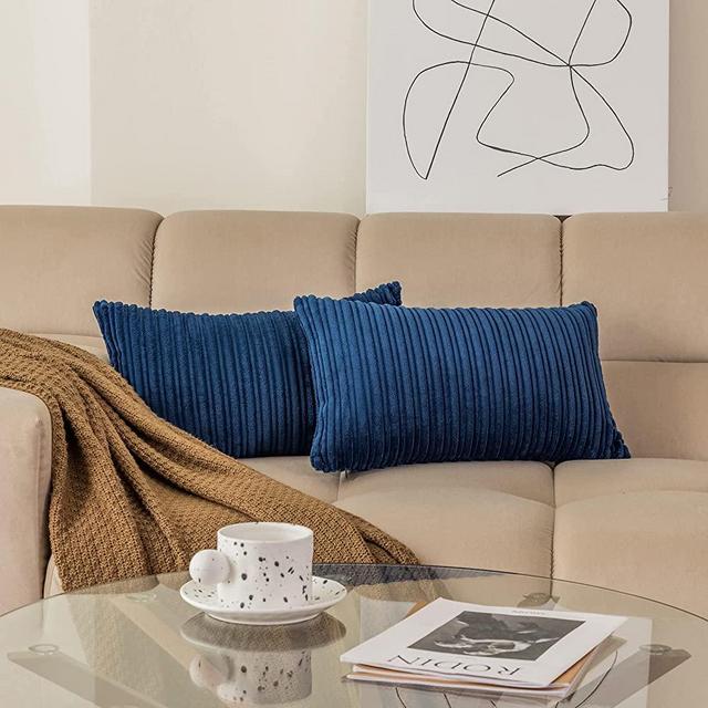 Kevin Textile Set of 2, Corduroy Style Cushion Cover with Stripe Pattern, 12x20 Inch, Throw Pillow Covers in Navy Blue, Machine Washable Home Decor Decorations for Bedroom Living Room