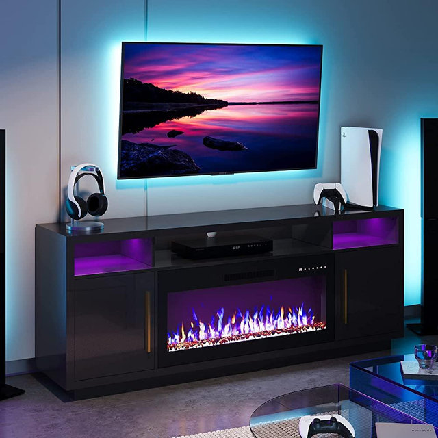 BELLEZE 69" Fireplace TV Stand for TVs Up to 75", LED Light Entertainment Center with 36" Electric Fireplace, Storage Cabinet, Media Console Table for Living Room - Avenue (Black)