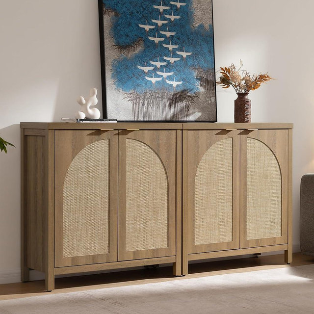 SICOTAS 68" W Rattan Sideboard Buffet Cabinet with Storage Set of 2, Mid Century Modern Credenza with Arch Doors & Shelves Farmhouse Coffee Bar Media Console Cabinets for Living Room, Entryway