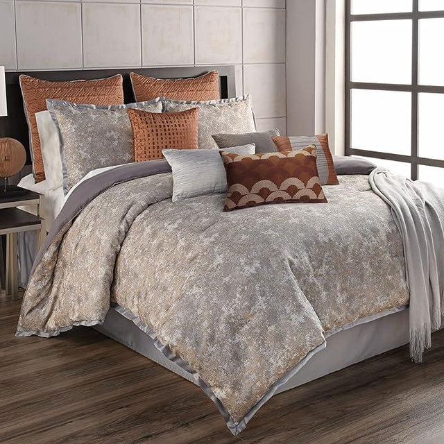 Riverbrook Home Elegant Collection Comforter Set, King, Aileen - Gray/Spice, 12-Piece Set