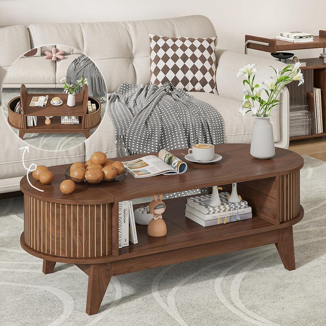 Coffee Table with Storage,Mid Century Modern Coffee Table with 2 Flip-Top Hidden Lids,Fluted Coffee Table,Wood Center Table for Living Room Home Office,Walnut