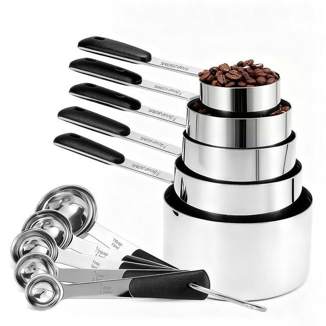 Bopei Measuring Cups and Spoons Set Stainless Steel 10 Piece for Cooking and Baking (5 Cups + 5 Spoons, Black Handle)