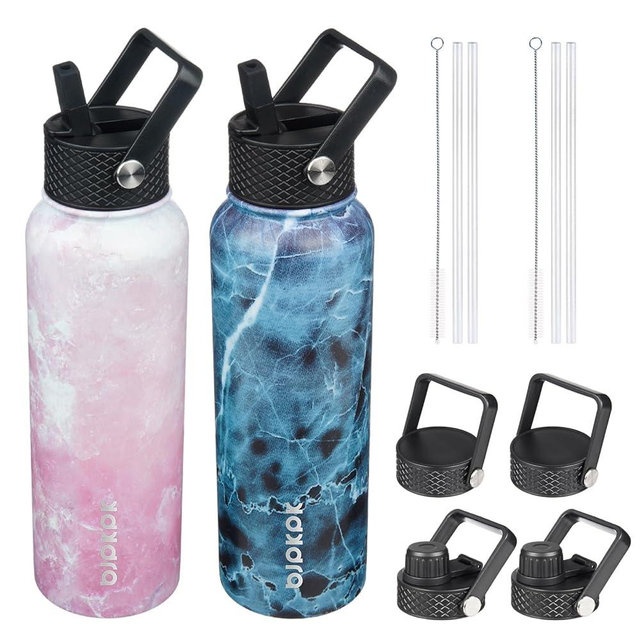 BJPKPK 2 Pack Insulated Water Bottles with Straw Lids, 40oz Stainless Steel Metal Water Bottle with 6 Lids, Leak Proof BPA Free Jugs, Cups, Flasks for Travel, Sports (Blossom+Ocean)