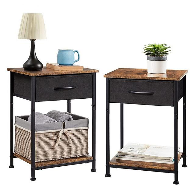 Somdot Nightstands Set of 2, Bedside Table End Table for Bedroom Nursery Living Room - Removable Fabric Drawer, Open Storage Shelf, Sturdy Steel Frame, Durable Wood Top - Black/Rustic Brown