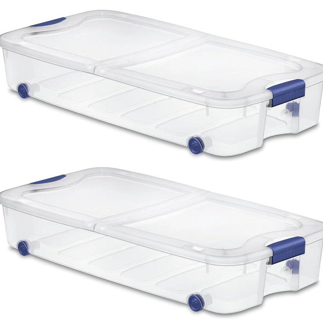2 Pack 66 Quart Wheeled Latch Box with Lid, Underbed Storage Container, Durable Plastic Organizer for Bedroom, Closet, Garage, Blue