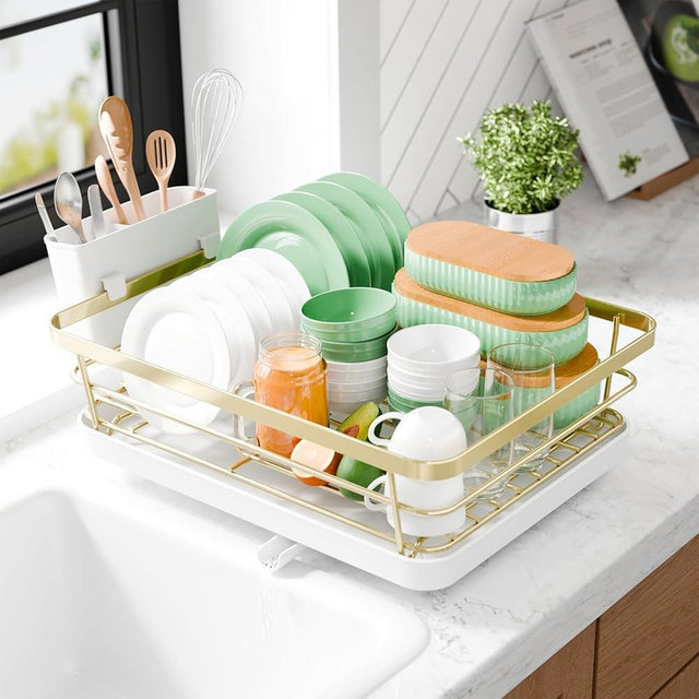 Kitsure Dish Drying Rack for Kitchen Counter, Stainless Steel Sink Organization and Storage Essentials with Cutlery Holder, Home and Appartment Decor, 12''W x 15.5''L, Gold