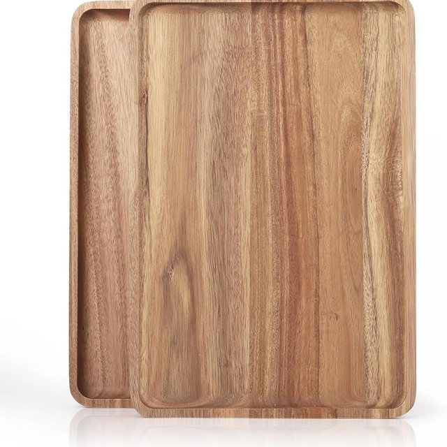 Charmlife 2pcs 15"x10" Large Solid Acacia Wood Serving Trays Rectangular Wooden Serving Platters Natural Wooden Boards for Bar Coffee Party（Wood Log Color）
