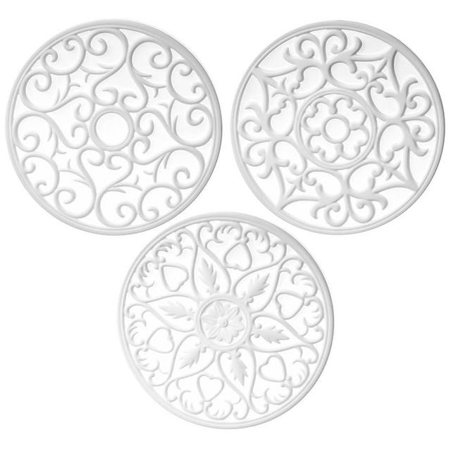 Viwehots Silicone Trivets Mats for Hot Pots and Pans, Multi-Use Intricately Carved Hot Pads and Mats, Flexible Modern Kitchen Table Mat, Heat Resistant Round Big Coaster Set of 3 White
