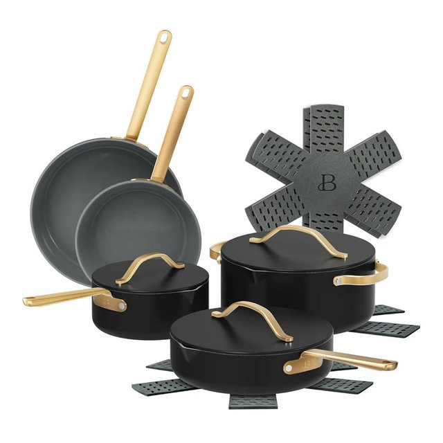 Beautiful 12pc Ceramic Non-Stick Cookware Set by Drew Barrymore, Pots & Pans with Lids, Dishwasher‑Safe,Soft‑Touch Handles, Even‑Heat Base. (Black Seaseme)