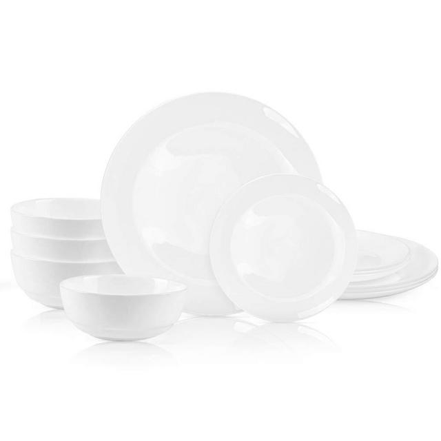 Dinnerware Set Danmers 12-piece Opal Dishes Sets, Plates, Bowls, Service for 4, White