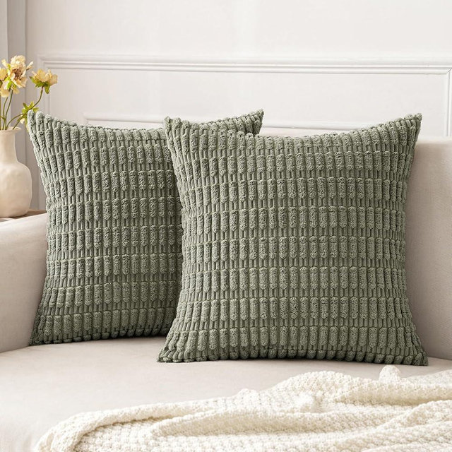 MIULEE Pack of 2 Corduroy Decorative Throw Pillow Covers 18x18 Inch Soft Boho Striped Pillow Covers Modern Farmhouse Home Decor for Summer Sofa Living Room Couch Bed Light Olive Green