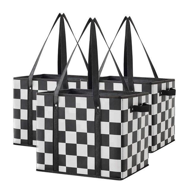 Ohocut Checkered Reusable Grocery Bags Heavy Duty 3 Pack Foldable Shopping Bags with Handles for Groceries Collapsible Tote