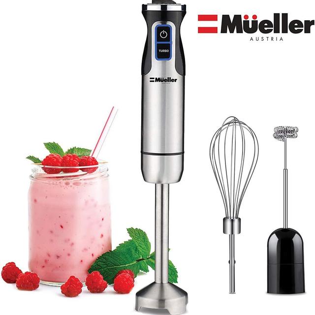 9-Speed Immersion Multi-Purpose Hand Blender Mueller Austria Ultra-Stick 500 Watt Heavy Duty Copper Motor Brushed Stainless Steel Finish With Whisk, Milk Frother Attachments, Silver