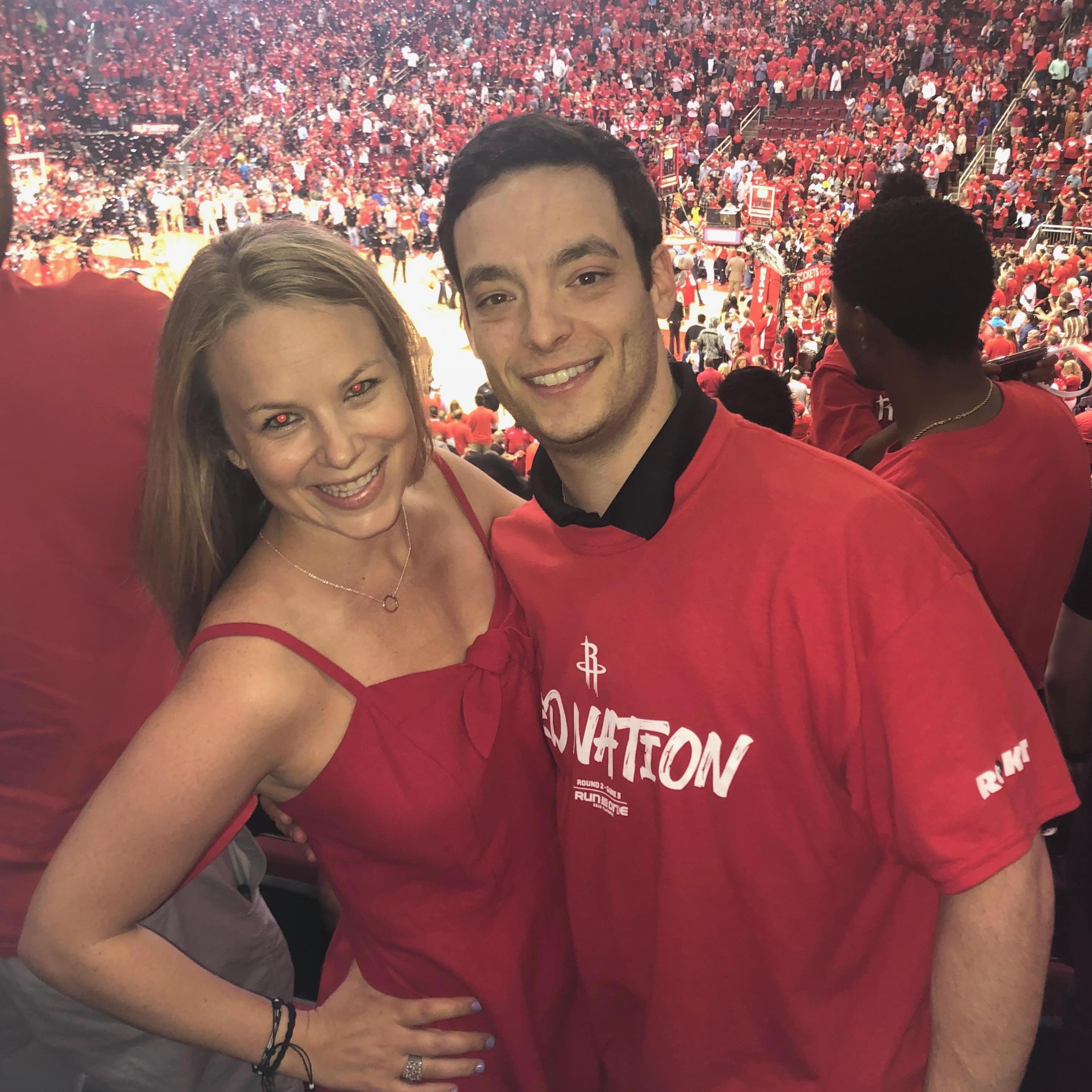 Our first picture together and the first time Adam met my parents. Big night, Lets goo!!! Also the Rockets did win.