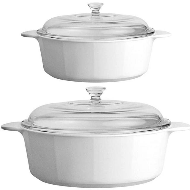 CorningWare 3.5 & 2.5 Quart (3.25 & 2.25 Liter) 2 Dimensions 4-Piece Set Casserole Dishes Glass W/Lid Pyroceram Classic Cooking Pot with Handles & Glass Cover Round Shape - White (Large & Medium)