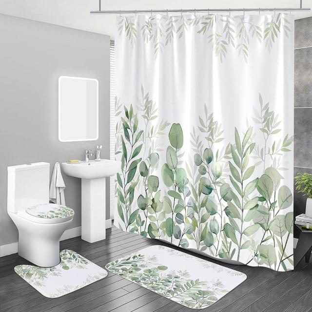 MitoVilla 4 Pcs Green Eucalyptus Shower Curtain Sets with Rugs for Bathroom Decor, Modern Fabric Plant Leaves Shower Curtain Sets with Non-Slip Rug, Toilet Lid Cover and Bath Mat