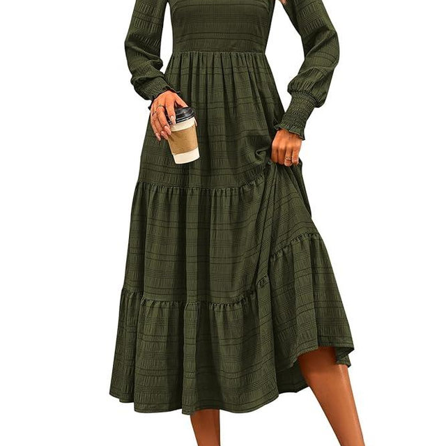 CFLONGE Women's Fall Dresses 2025 Puff Long Sleeve Square Neck Dress High Waist Smocked A-Line Flowy Wedding Party Maxi Dress