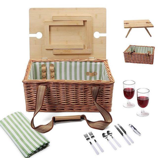 Wicker Picnic Basket Set for 2 Persons with Detachable Folding Picnic Table, 2 Wine Holders, Sturdy Tableware and Waterproof Picnic Blanket, Outdoor Best for Outing and Camping Party, Large