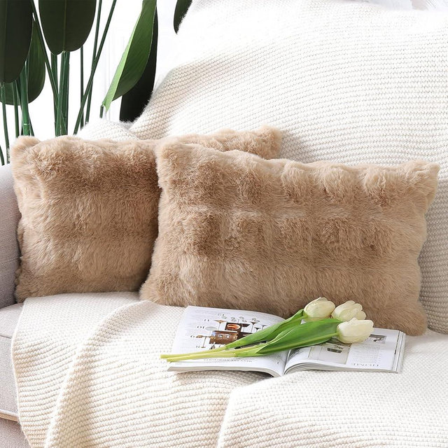 MADIZZ Pack of 2 Thick Plush Faux Wool Throw Pillow Covers Soft Boho Throw Pillows Luxurious Cushion Covers for Couch Sofa Bedroom Living Room Home Decor 12x20 Inch Camel