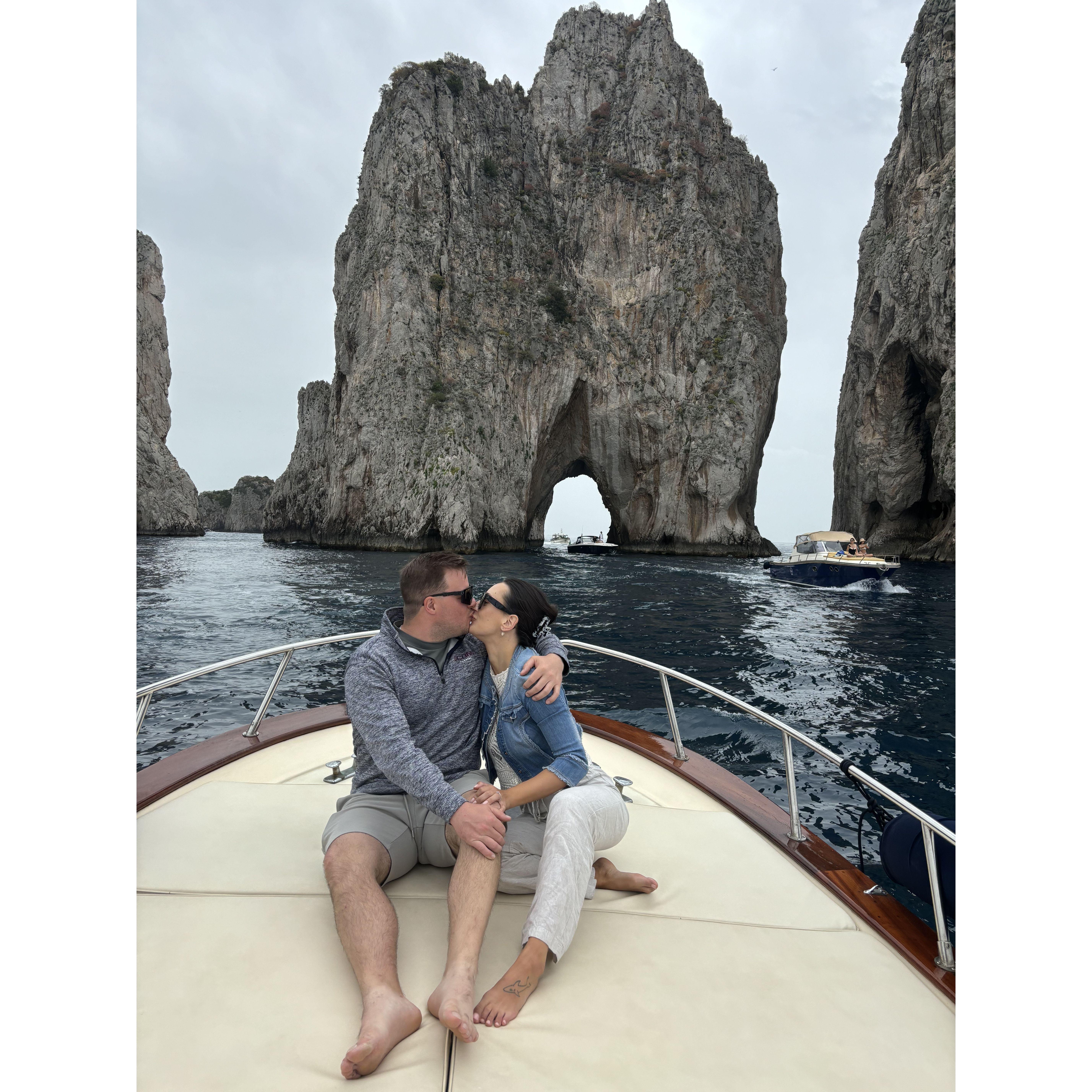 Sharing a smooch (in between sips of Prosecco) on a boat in Capri.