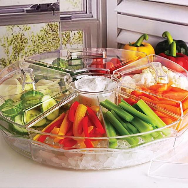 Circleware 10043 Acrylic 8 Section Cold Chip & Dip Salad Snack Dessert Bowl Set with Lids & Ice Serving Preserving Tray Dish, 16.5", Clear