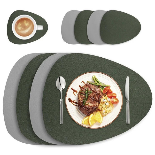 Ecological Leather Dual-Sided Placemats Set - Waterproof and Oil-Proof - Green-Grey / 4pcs