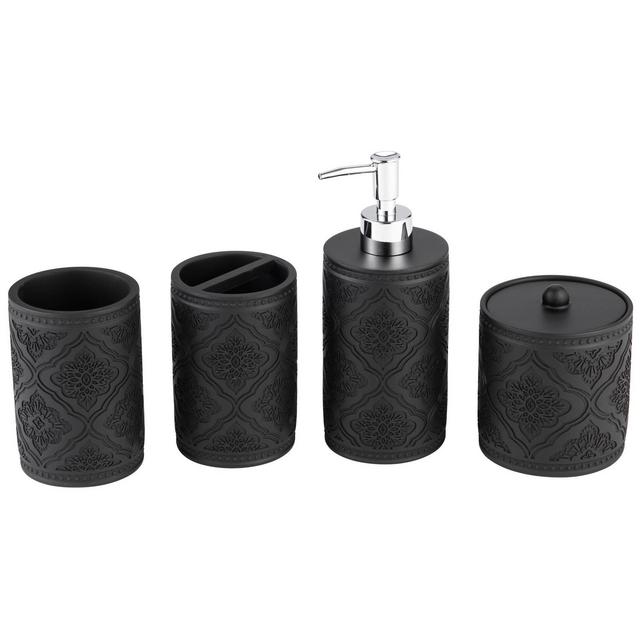 4pc Arabesque Resin Paint Coated Bath Accessory Set Black - Kralix