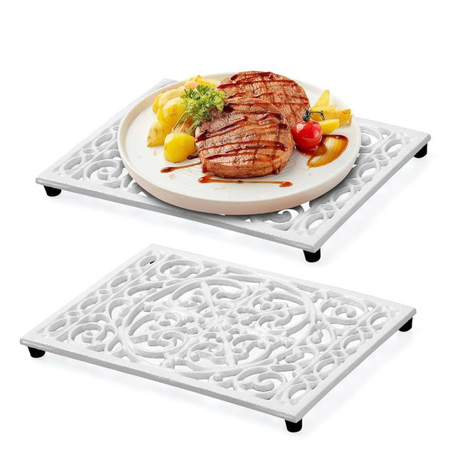 Notakia 9.6 x 6.3 Inch Cast Iron Trivet Set, Large Metal Trivets for Hot Dishes Pots Pans Decorative Kitchen Trivets, Heat-Resistant Trivet Mats for Quartz Countertops, Table Cooktop (White, 2 Pack)