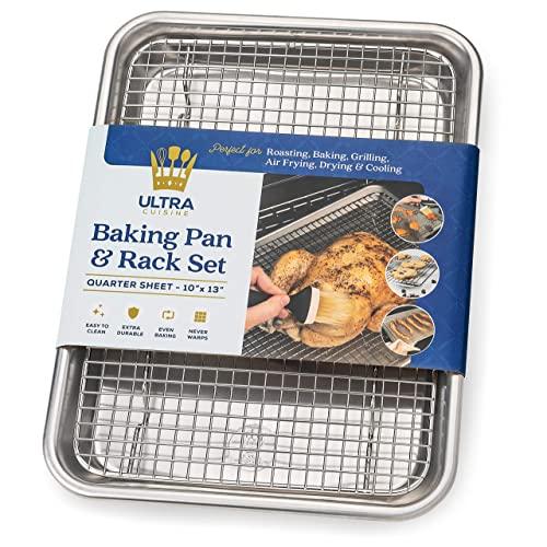 Baking Pan with Cooling Rack Set - Quarter Sheet Pan Size - Includes Professional Aluminum Baking Sheet and Stainless Steel Baking Rack for Oven - Durable, Easy Clean, Commercial Quality